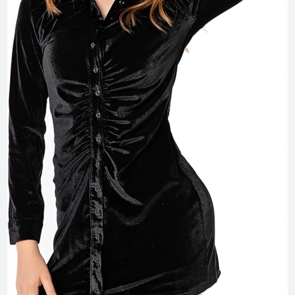 Black Velvet Mini Dress Long Sleeve Button Front Ruched | Size Small